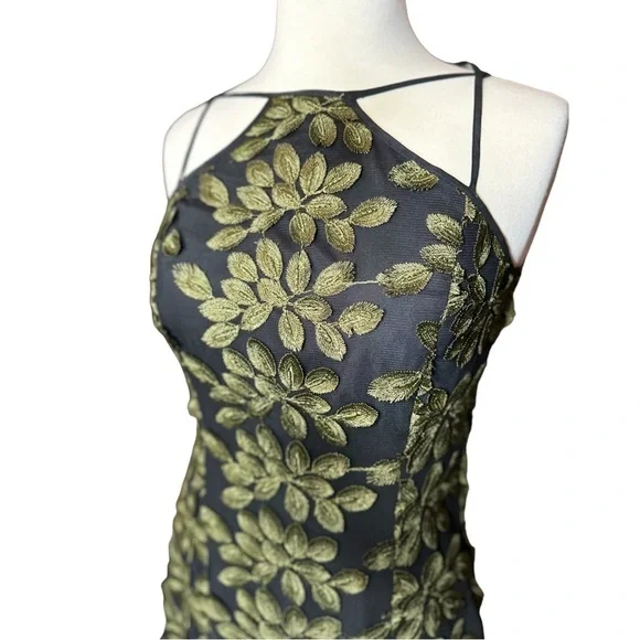 W by Worth Black And Green Embroidered Leaf Lace Shift Midi Dress SZ 0 - Picture 4 of 10